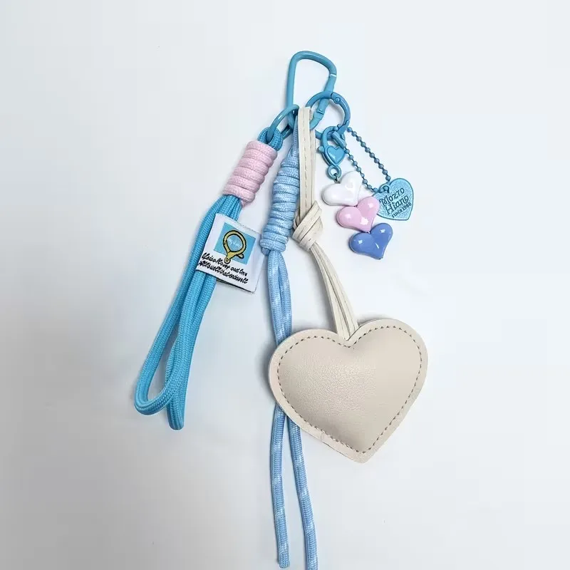 Cute PU Heart Leather Rope Keychain Handmade Braided Rope Car Keyrings Ins Y2K Love Rope Bag Charm Children