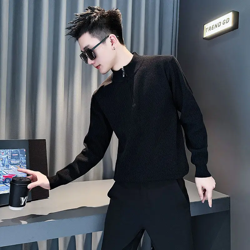 

Мужской вязаный свитер с молнией до середины груди, теплый зимний базовый слой, молодежный модный стиль, стандартный крой, длинный рукав, круглый вырез