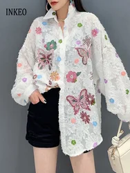 Luxury Women's Rhinestone shirt oversize 2024 New Fashion butterfly floral jacquard shirt Lady Sexy See-through INKEO 4T217