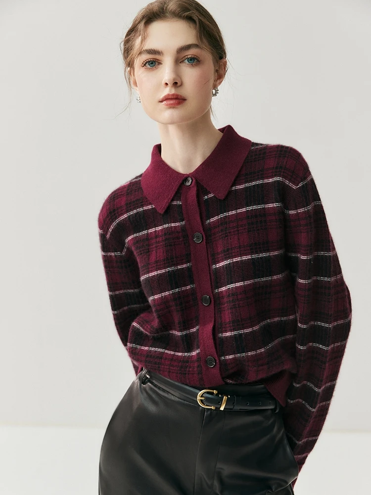 Women's Polo Collar Cardigan 100% Cashmere Sweater Color Blocked Plaid Knitwear Autumn Winter Loose Classic Tops Short Clothing