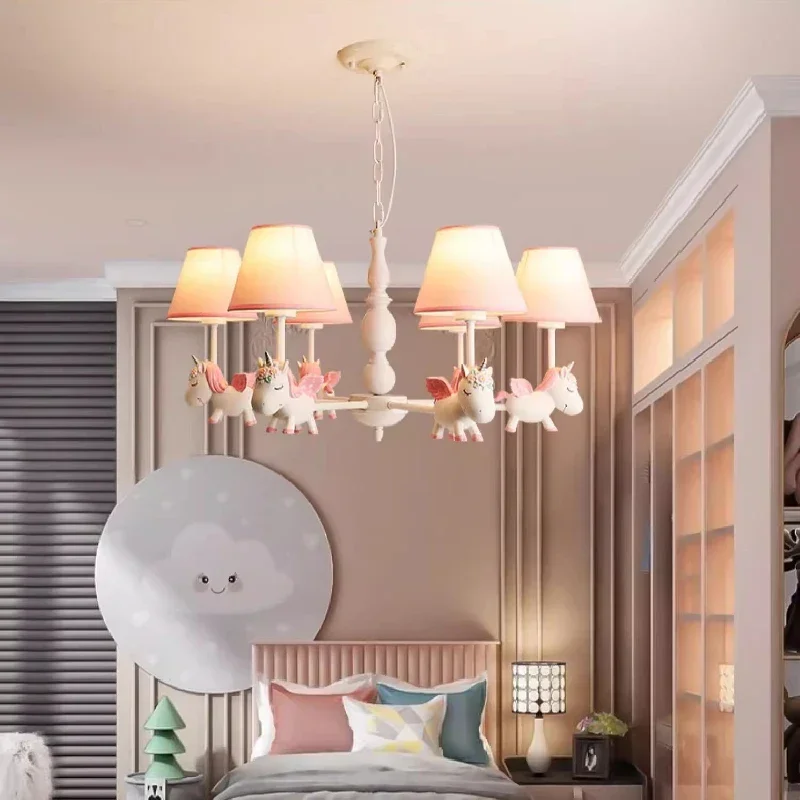 Nordic Warm Romantic Baby Room Princess Room Girl Bedroom Chandelier Cute Children's Room Chandeliers LED Rotating Pegasus Lamps