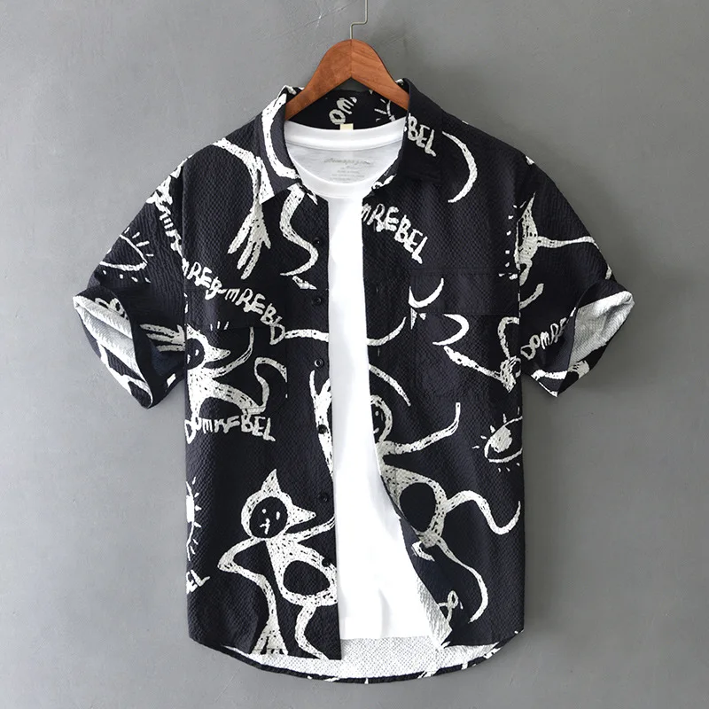 Z238 Summer Men'S Short Sleeve Printed Shirts Thin Casual Loose Lapel Breathable Beach Holiday Male Handsome High Street Tops