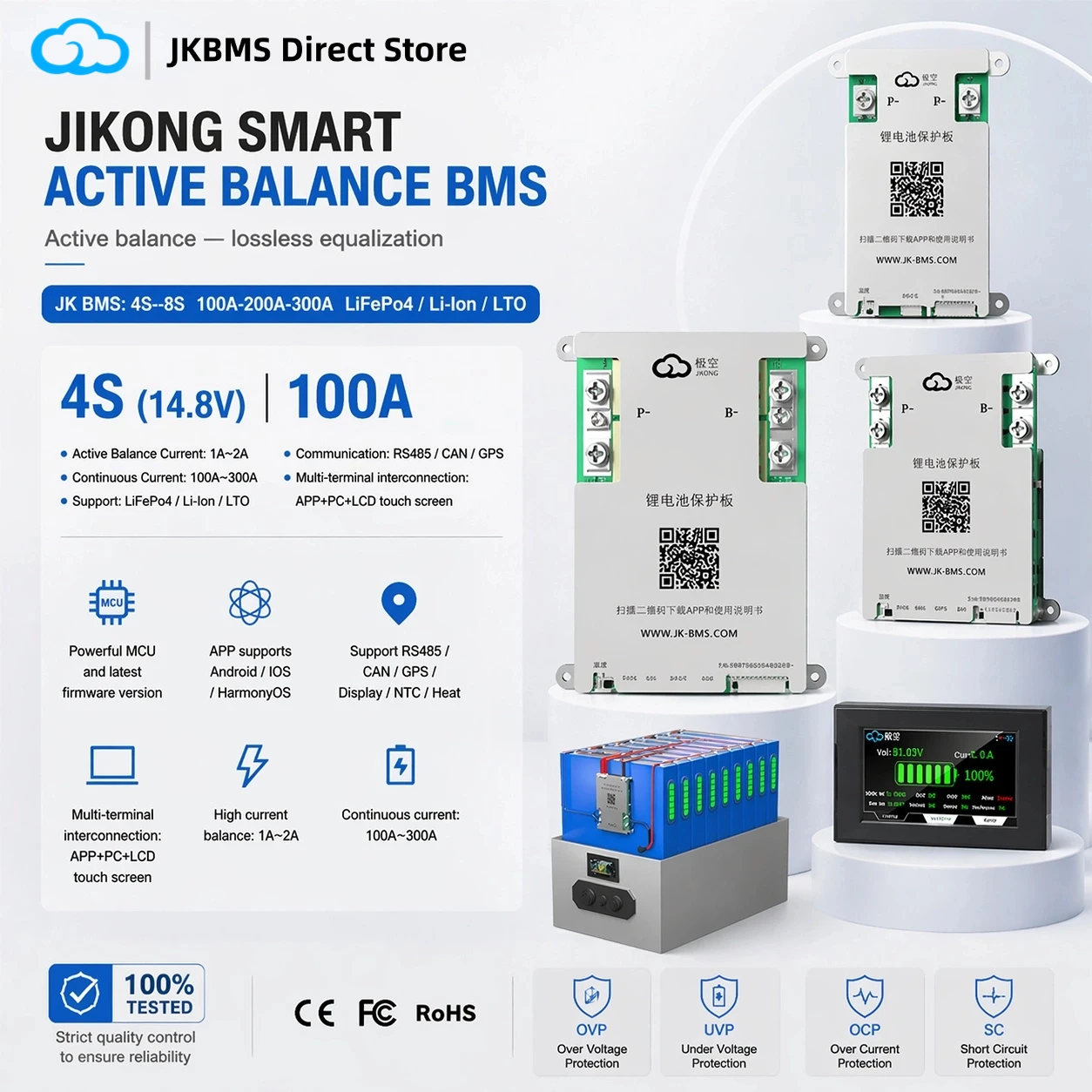 

JKBMS JK-B2A20S20P 8S-20S 200A Smart Active Balance BMS 2A Balancer LiFePO4 Li-ion Battery Protection Board for RV Solar System