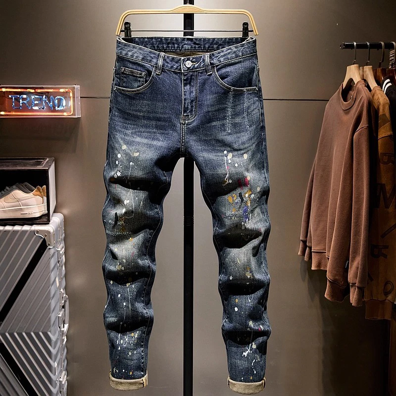 

Designer Fashion New Men's Jeans Painted Scratch Stretch Slimming Nostalgic Stretch Slimming Retro Blue Jeans Italian Designer H