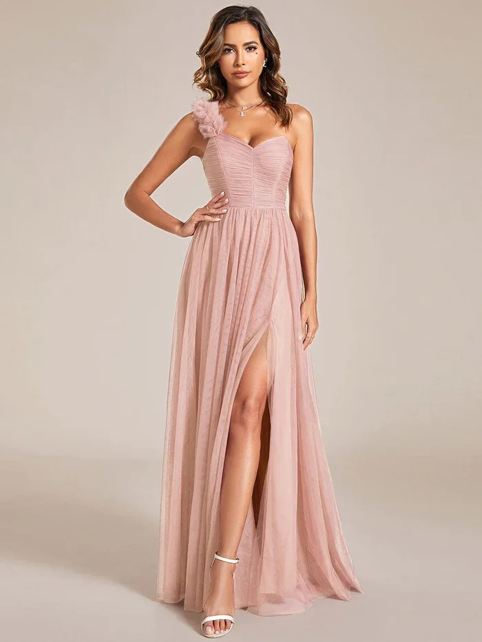 Backless  Pleated Sweetheart Neckline One Shoulder with Floral Tulle High Slit A-Line Long Bridesmaid Dress