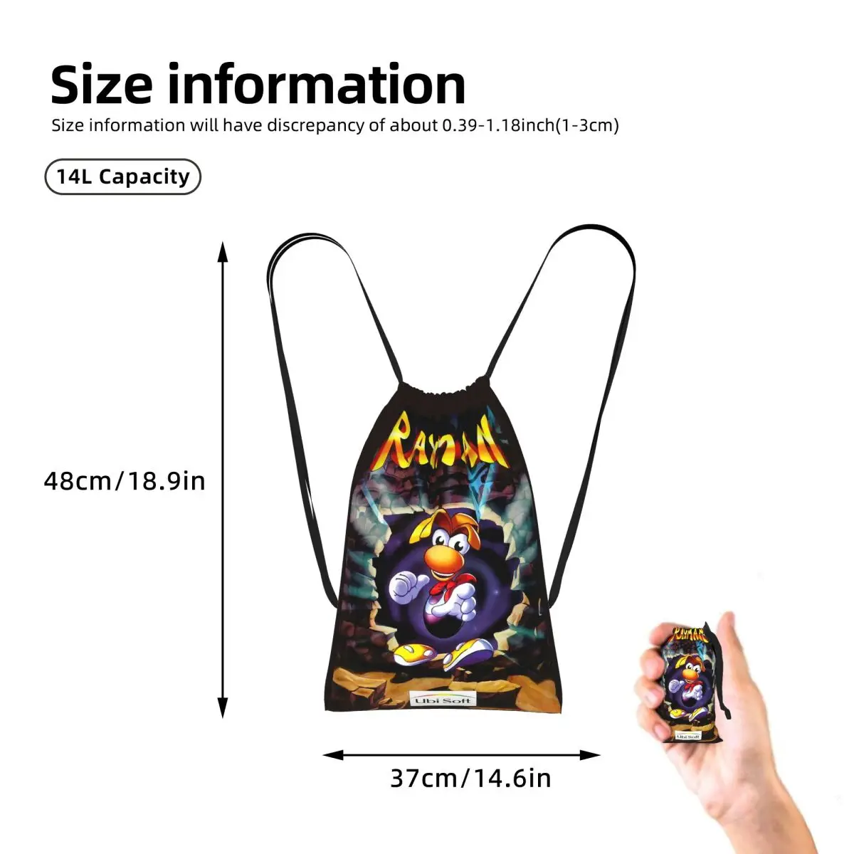 Black Vintage Retro Rayman Legends Graphic Drawstring Backpack hiking cycling Bag Portable Travel Drawstring Bag for Men Women
