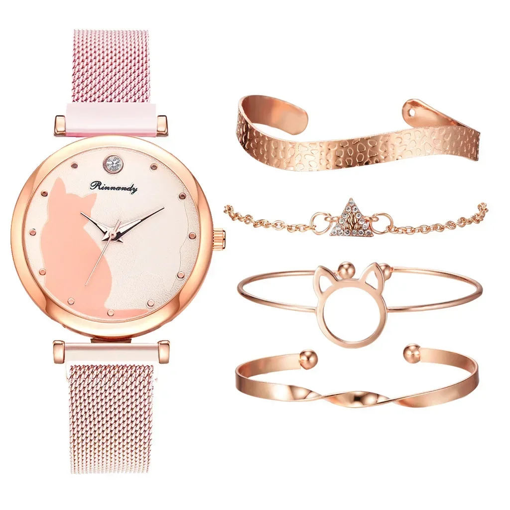 5 unids/set de relojes para Mujer, conjunto de pulsera de oro rosa, Reloj magnético con patrón de gato, pulsera para Mujer, relojes de pulsera, Reloj de cuarzo para Mujer