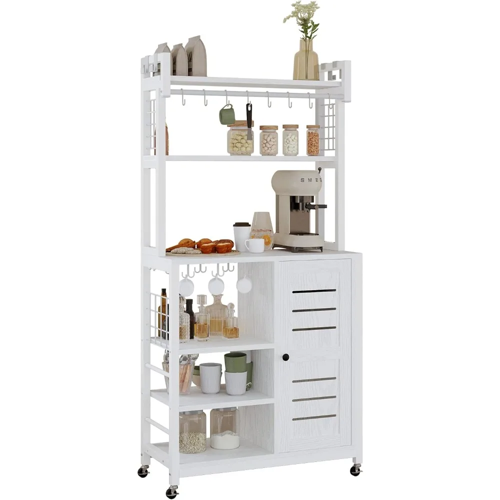 

IRONCK Bakers Rack, Microwave Stand with Power Outlets, Kitchen Storage with Wheels & Feet, Coffee Station with Cabinets