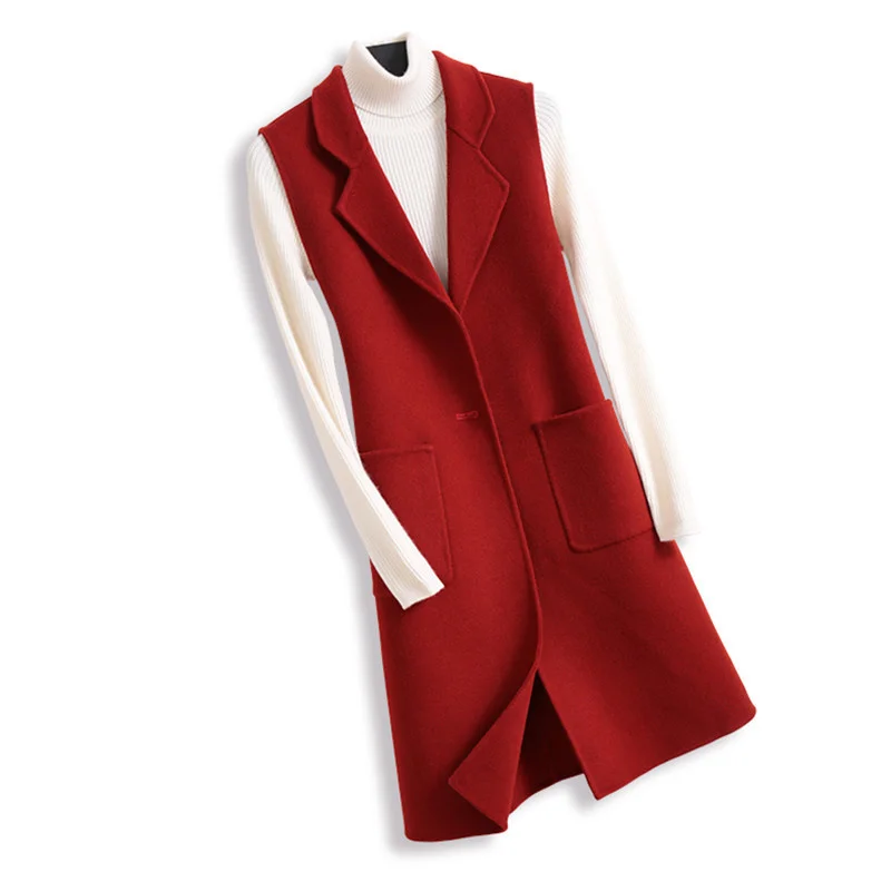 

Spring Autumn Long Wool Vest Women Double Faced Cashmere Wool Waistcoat Solid Color Belt Big Pocket Sleeveless Jackets Female