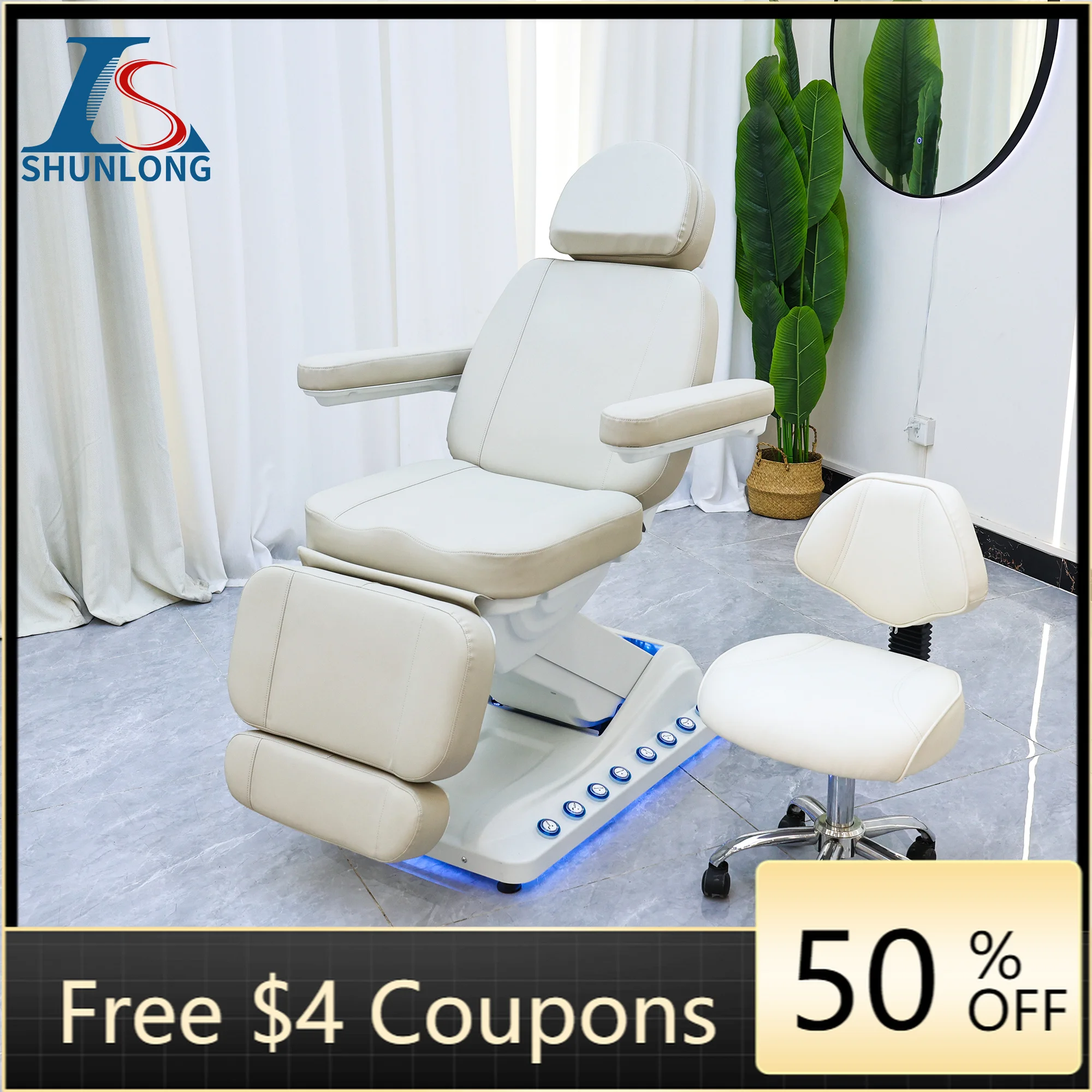 Electric Podiatry Chair Beige PU Split Leg Design LED Ambient Light 3 Motors Remote Control Reclining Pedicure Chair With Stool