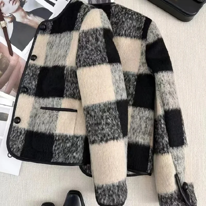 ファッションチェック柄厚いショートキルティングウールコート女性ダウン綿パッド入り O ネックシングルブレスト秋冬ジャケットアウター