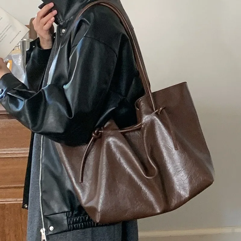 

2025 Autumn Winter Tote Bag for Women Vintage Tie Premium PU Leather Large Capacity Shoulder Bag Elegant Top Handle Purse