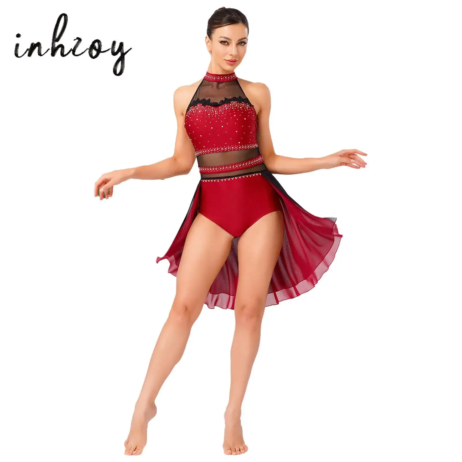 

Womens Lyrical Latin Dance Leotard Dress Halter Backless Shiny Rhinestones Mesh Patchwork Contrast Color Skirted Bodysuit Dress