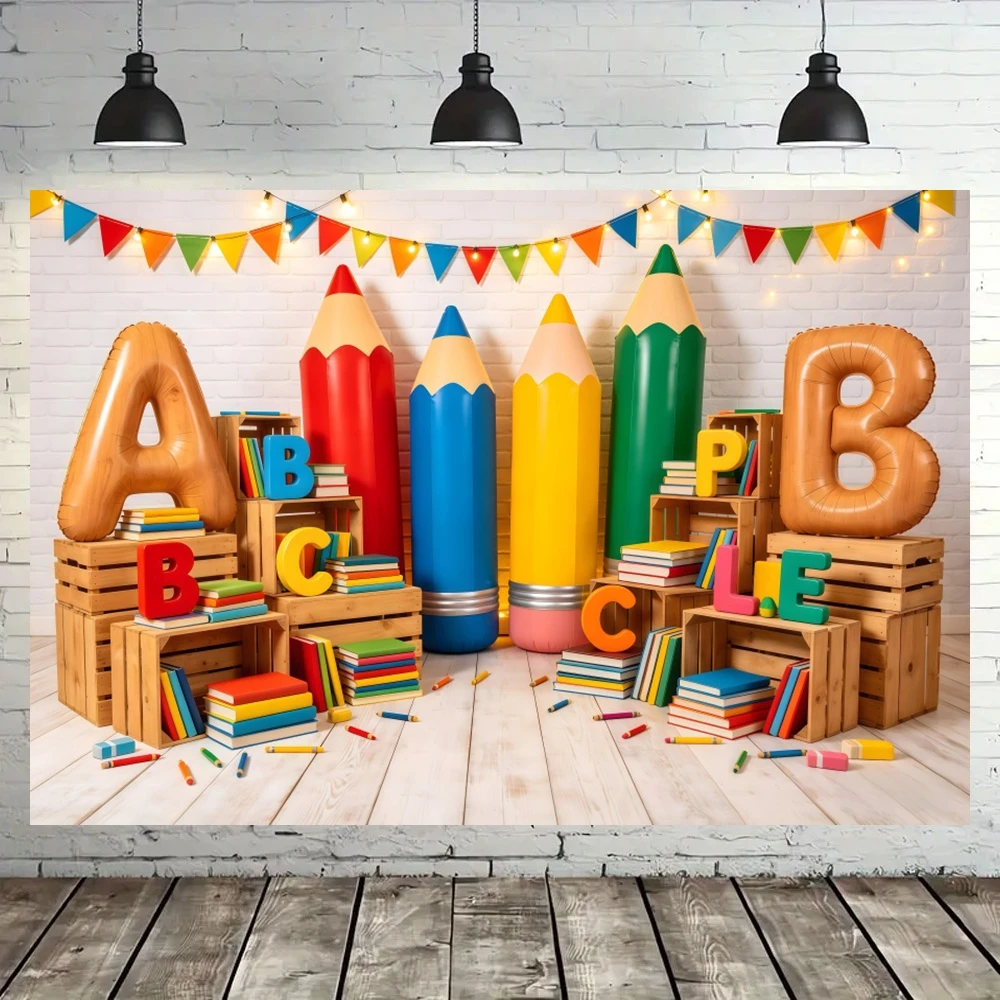 Back To School Backdrop Books Ruler Pencil Apple Backpack Desk Letters Alphabet Kids Portrait Photography Decor Banner Props