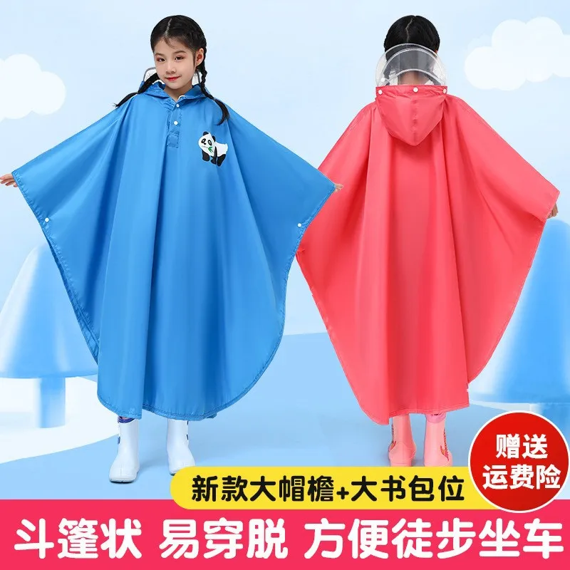 Children's Raincoat One-Piece with Schoolbag Position Poncho Processing Windproof Whole Body Double BrimCoat Primary Sch