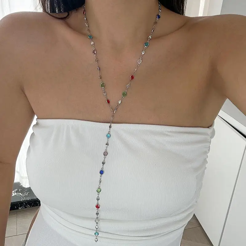 31.2in Fashion Colorful Glass Long Y-Shaped Necklace for Women Metal Collarbone Chain Summer Holiday Party Body Jewelry