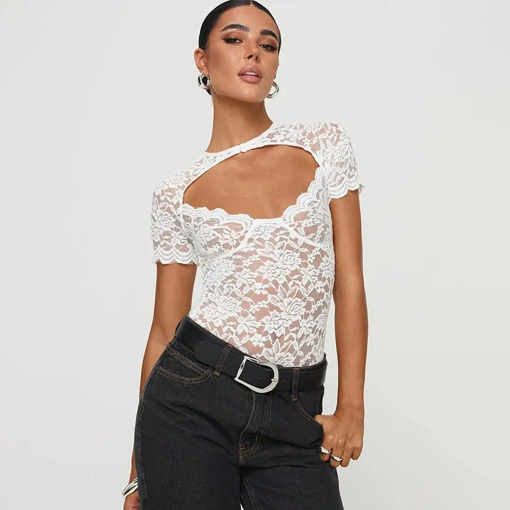 

Summer New Style Slim Fit Lace Base Shirt Sexy Hollow out Half Sleeve Women's Onesie Fashionable Cross Border High Waist Shorts