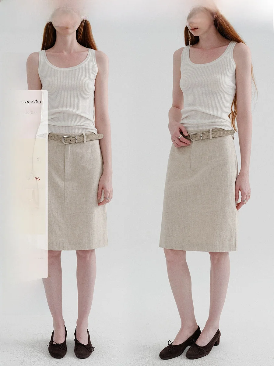 High Waist Straight Tube Skirt Chacha Original Flax Cotton Belted Midi Skirt Textured High Waist A-Line Skirt for Women