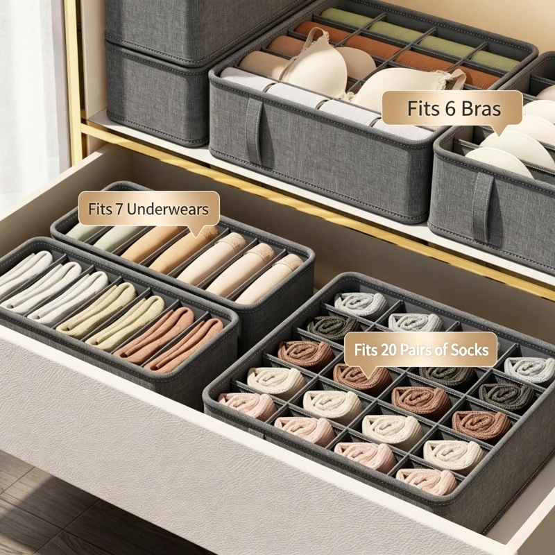Faltbare Stoff-Aufbewahrungsbox für Unterwäsche und Socken, Schubladen- und Schrank-Organizer, Trennwände für Socken, Unterwäsche, Krawatten, Gürtel – Detail 5