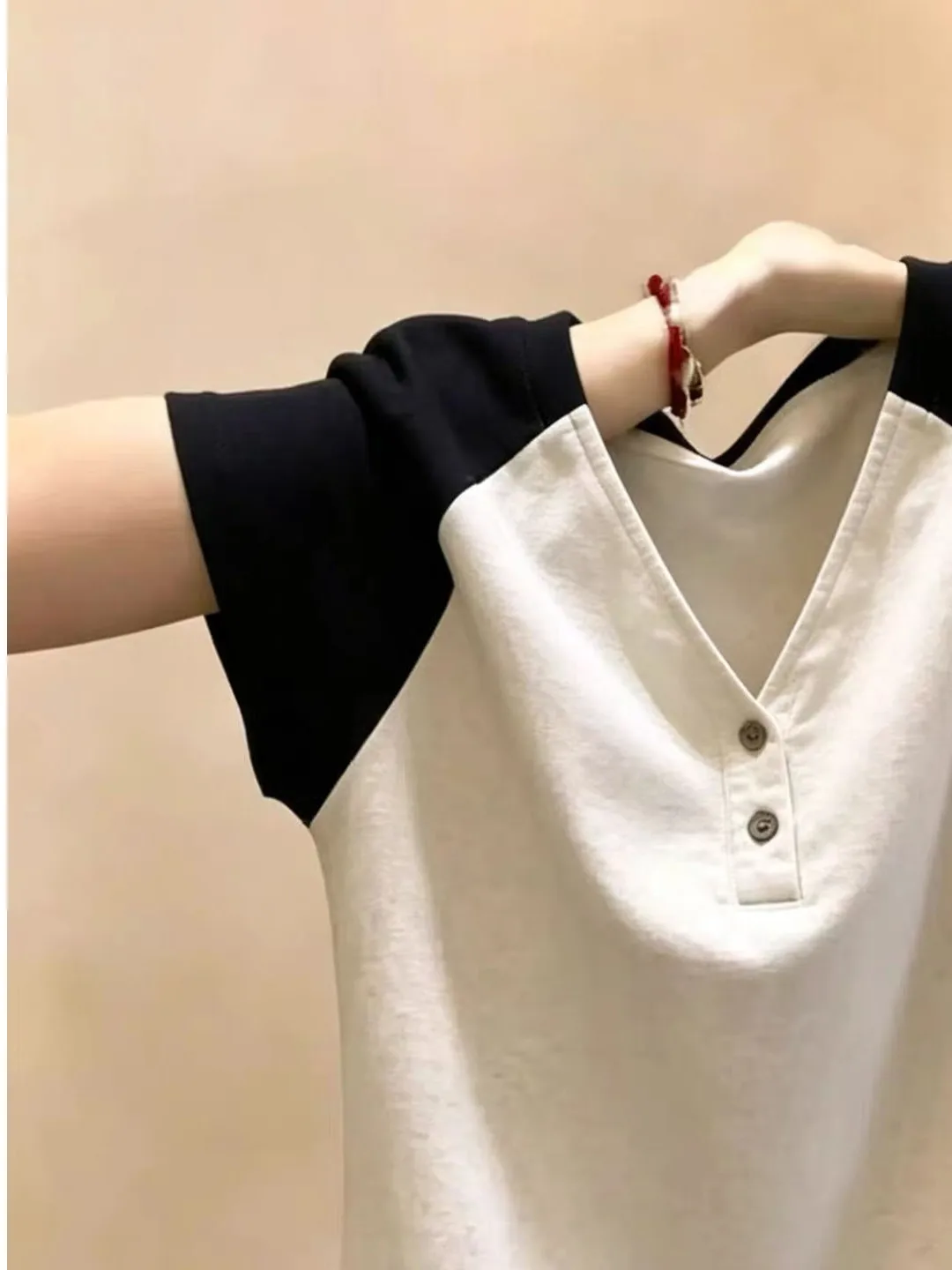 plus Size Women's Short Sleeve T-Shirt Button Placket V-Neck Slim Fit Youthful Summer Top High Waist Straight Cut Cotton Blend