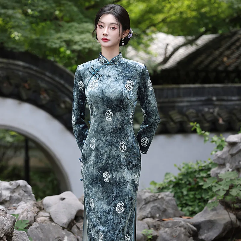 

Yourqipao 2022, осеннее длинное вышитое Cheongsam, темпераментное повседневное вечернее платье Ципао в китайском стиле с длинными рукавами для женщин