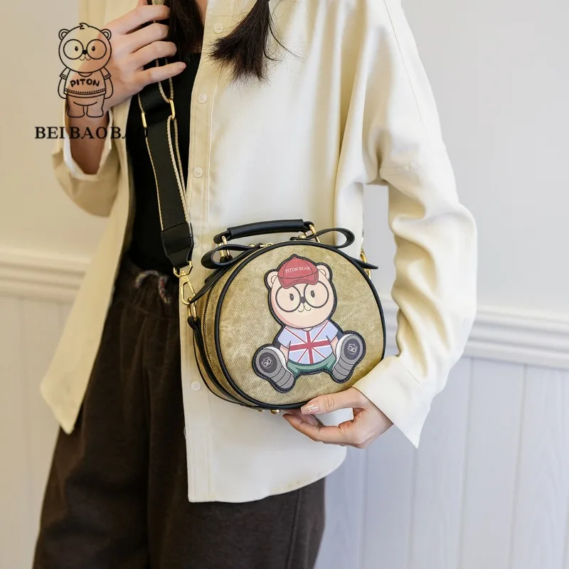 Beibaobao Small Round Bags 2024 Summer Retro Women\'s Bag Canvas Bear Pattern Design Casual Fashion Single Shoulder Crossbody Bag