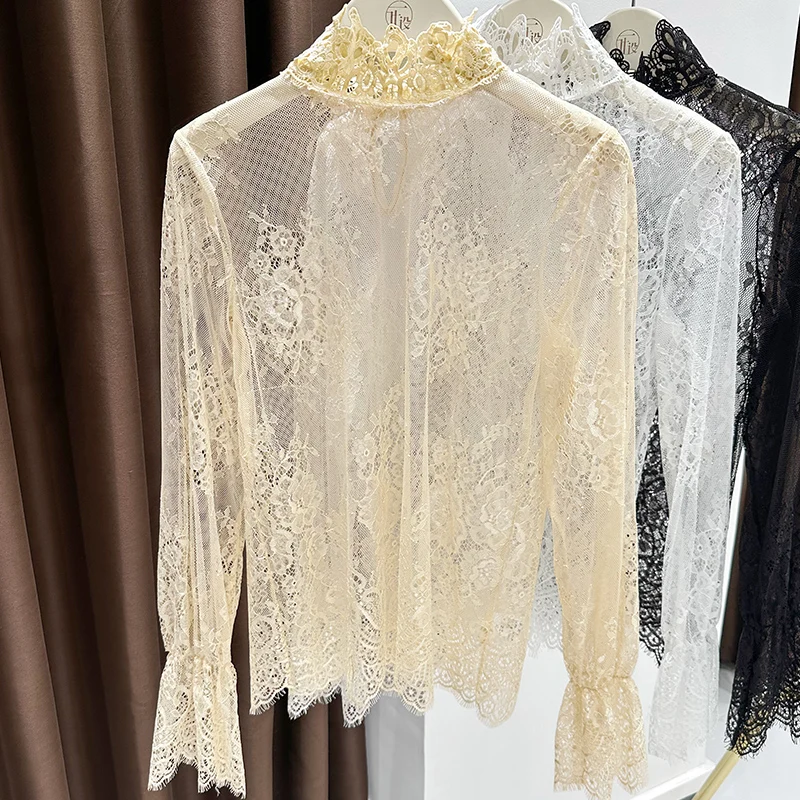 

High collar long sleeve lace tulle bottoming shirt for women summer sun protection mesh apricot light Korean style layered top m