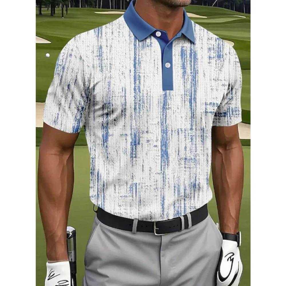 

Men's Summer Abstract Waffle Knit Golf Polo Shirt, Short Sleeve Casual Outdoor Sports Polo Shirt With 3D Print, Button Closure, Blue
