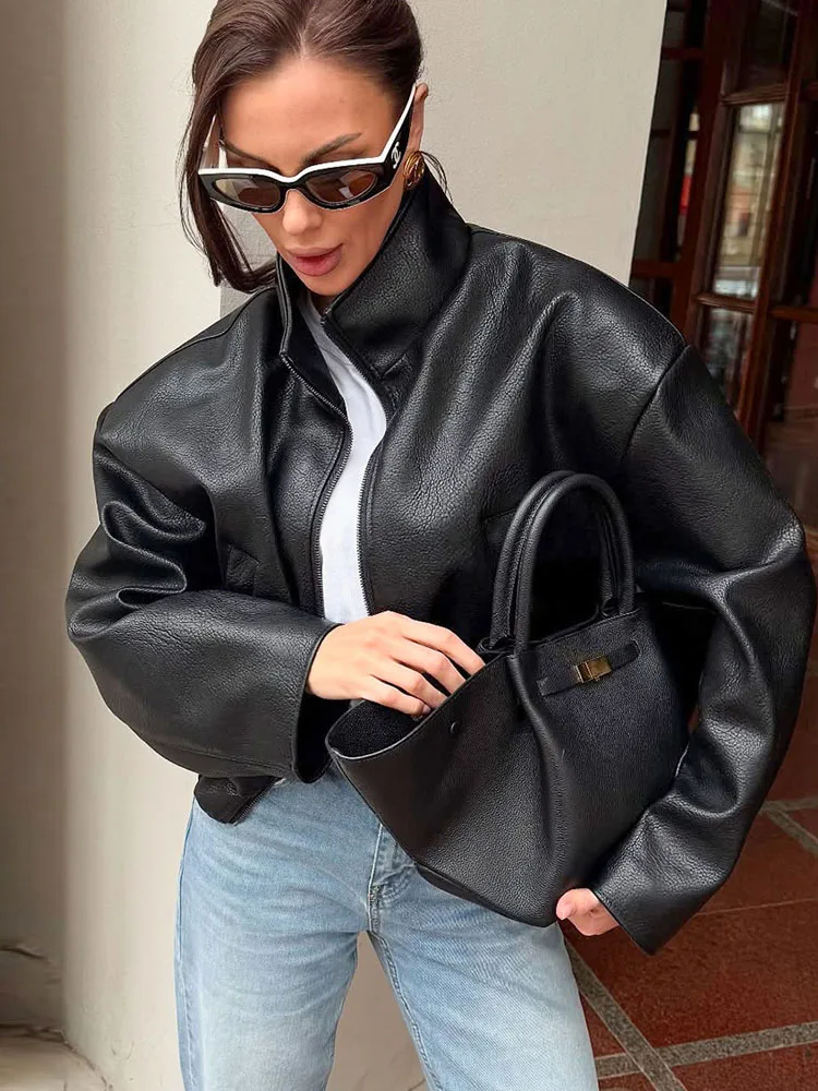 

Vintage PU Leather Bomber Jackets 2025 Autumn New Zipper Stand Collar Long Sleeve Pocket Coat Women's Loose Chic Streetwear