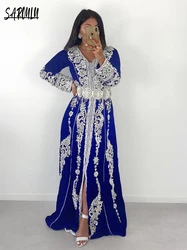 Moroccan V-neck Evening Dresses A-line Long Sleeve Prom Dress Caftan Kaftan Silver Appliques Customized Gown Robe De Mariée