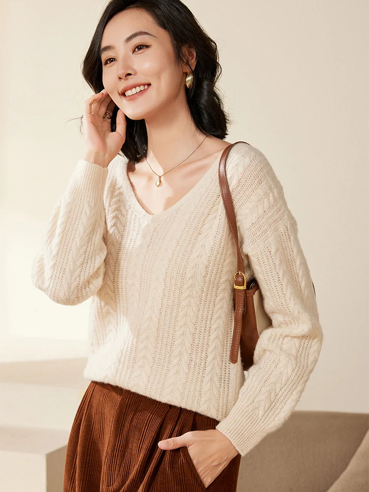 Cashmere Sweater100%Women's Loose Long Sleeved Knitted Sweater Loose Twisted Flower Pullover Sweater V-Neck Winter Sweater Woman