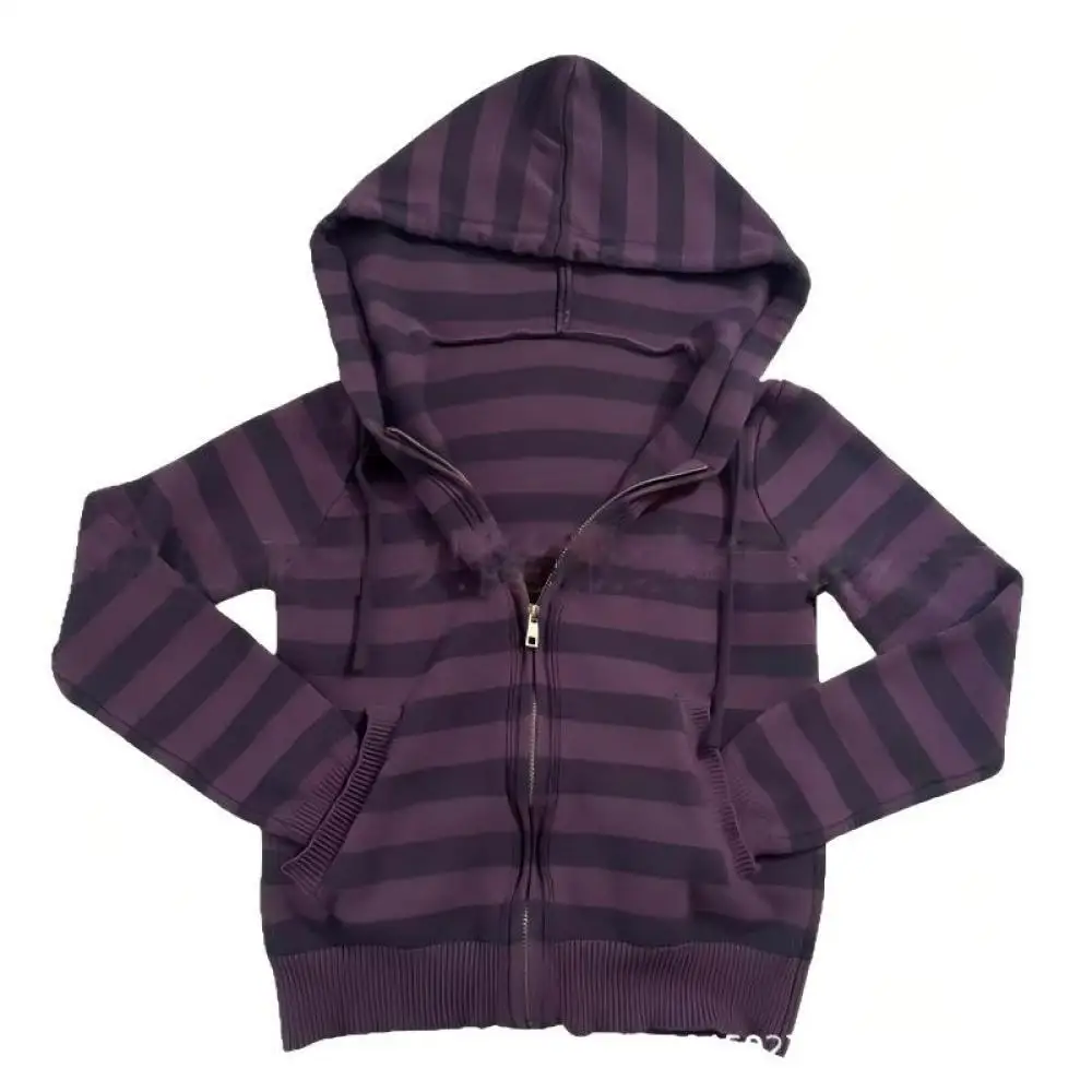 Retro zipper knit hooded cardigan purple and black horizontal stripes ladies long sleeve drawstring hat sweater coat.