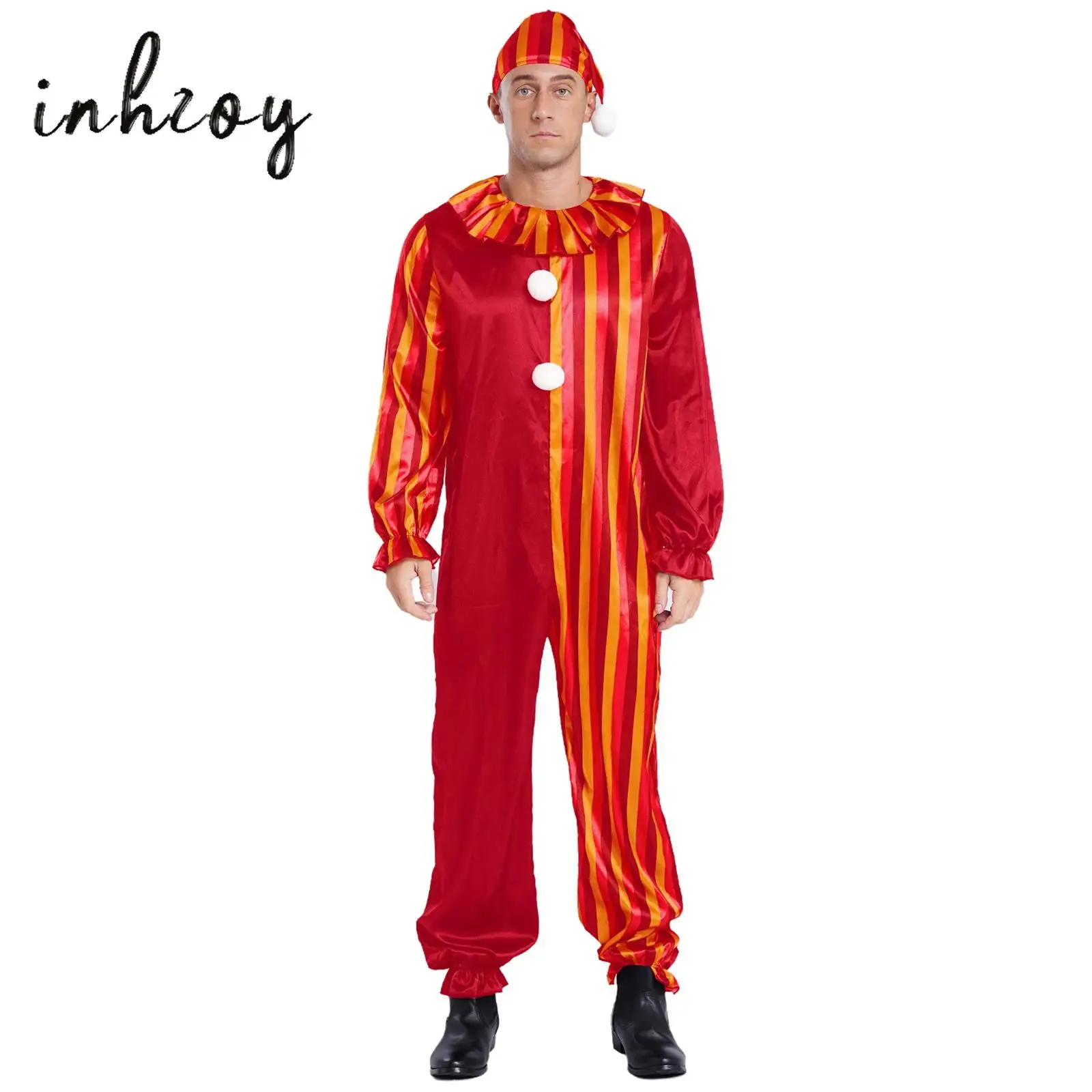 

Men Halloween Clown Costume 2Pcs Long Sleeve Stripes Pompoms Jumpsuit with Hat Set Masquerade The Killer Clown Cosplay Costume