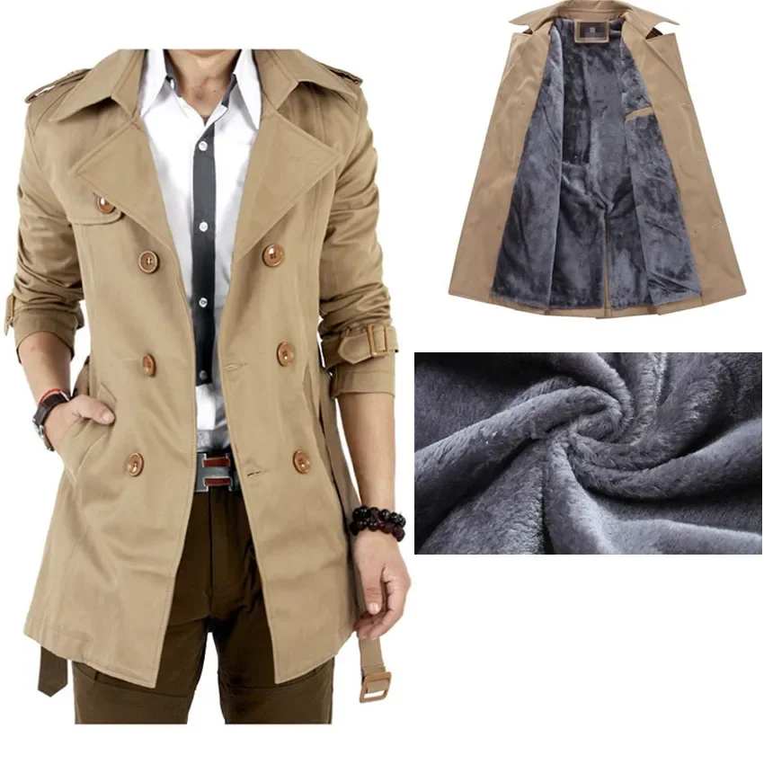 

Men's Windbreaker Jacket Vintage Black Khaki Spring Autumn Business Trench Male Double Breasted Retro Classic Long Coat Thick