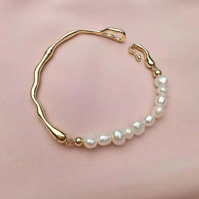 Hengsheng AAA Quality 5-6mm Baroque Genuine Freshwater Pearl Bangles for Women 18cm Pearl Bracelet Bangles Jewelry Gift