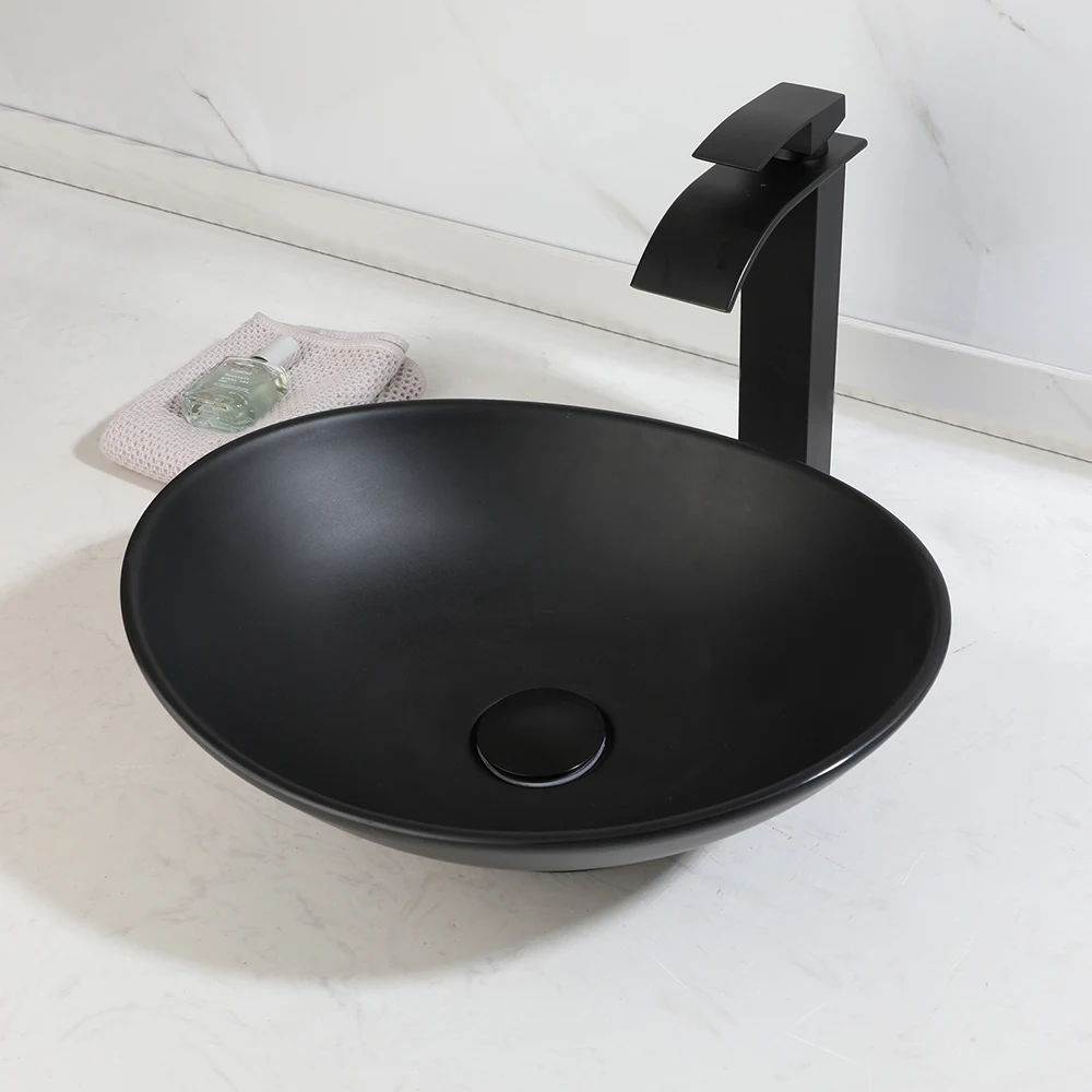 Marble Pattern Ceramic Vessel Sink Oval Above Counter Bathroom Vanity Basin with Black Waterfall Faucet Combo Set Artistic Bathroom Sink