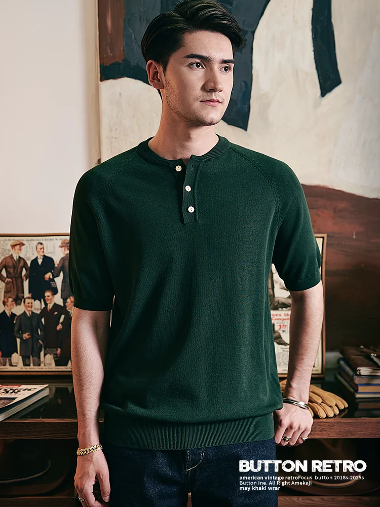 

Мужская вязаная футболка с коротким рукавом в американском ретро-стиле, с воротником хенли, для повседневной носки, в стиле Ame Kacha Hard Man, модная городская повседневная одежда