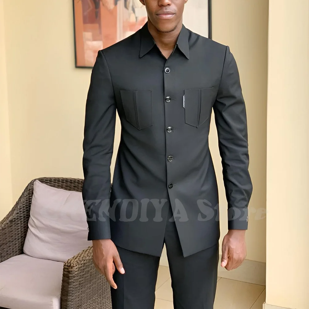 

Solid Gray Full Men Suit Chic Stand Lapel Single Breasted Fashion Blazer with Pants Social Party Costume Homme Formal Set