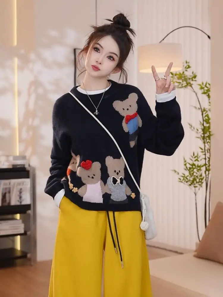 Colors Cute Bear Y2K Cartoon Jacquard Sweater Harajuku Teens Fairy Tale Kawaii Knitwaer Jumper Tops Winter Autumn Grey Clothes