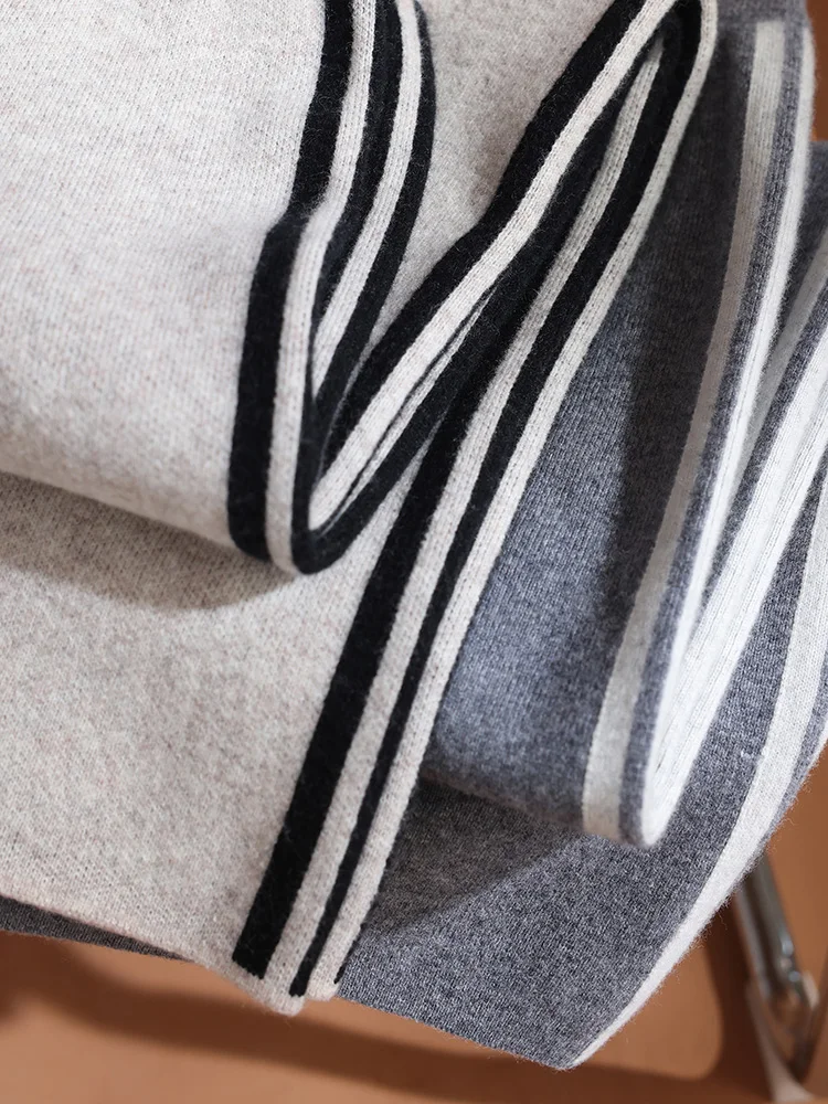 

TLOML Women's 100% Merino Wool Knitwear Pants Side Striped Thick Wide Leg Pants Autumn Winter Cashmere Soft Warm Casual Trousers