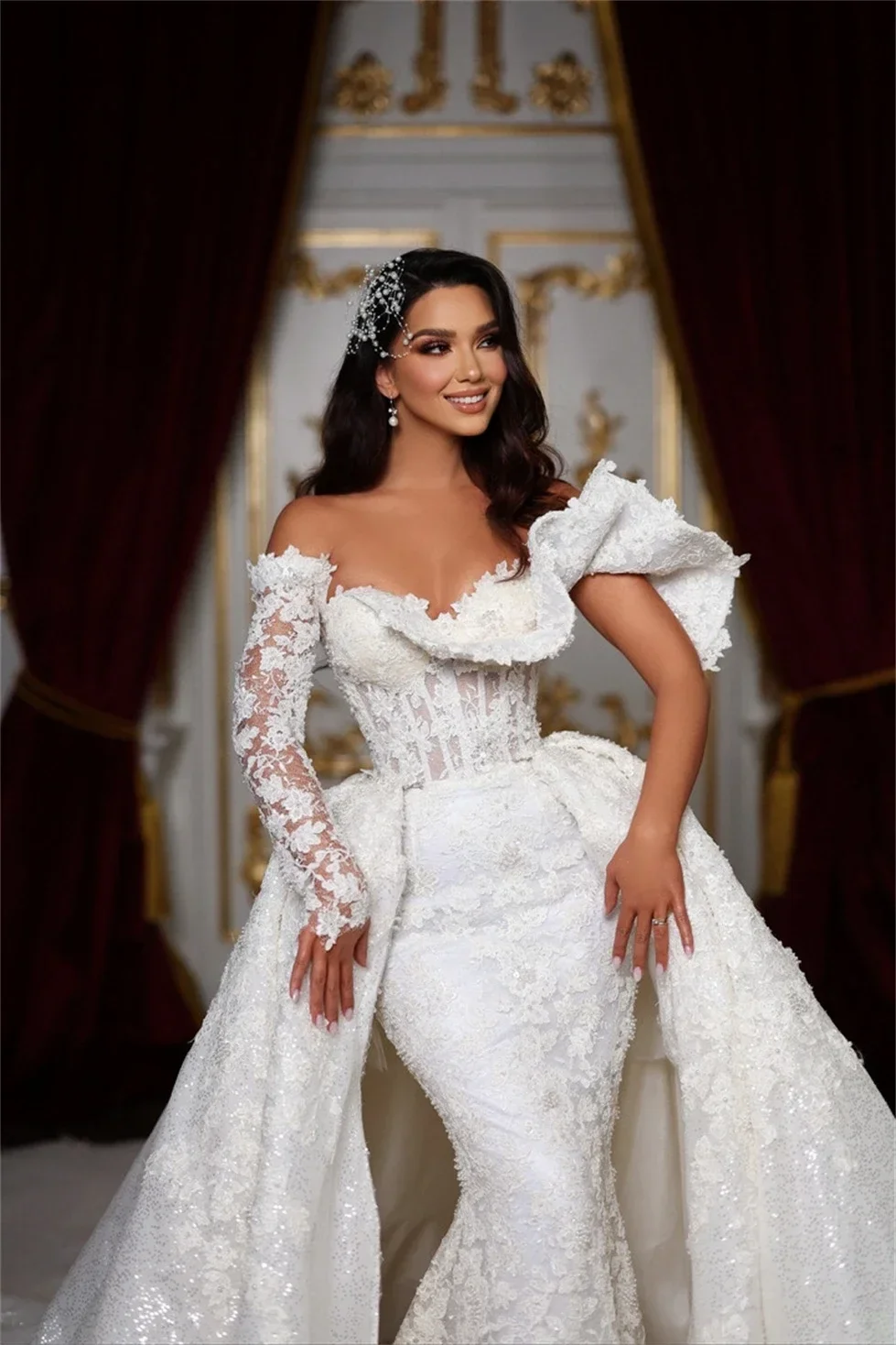 Personalizado querida renda apliques sereia vestido de casamento para noiva com trem destacável uma manga longa robe de casamento