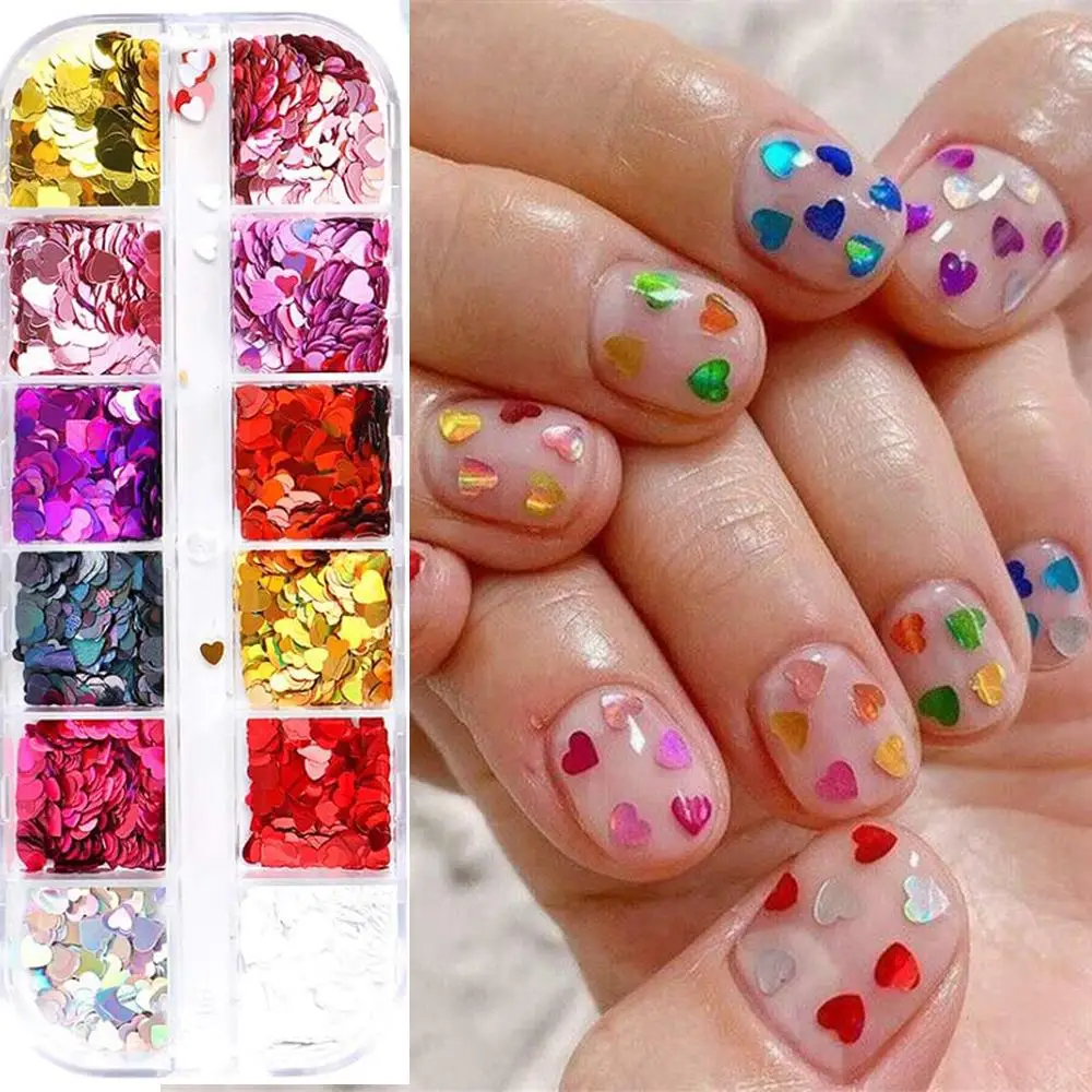 12 Gitter 3D Bunte Herz-Nagelkunst-Glitzer-Pailletten, Laser-Irisierende Liebes-Nagelflocken, Valentinstag Herz-Liebe Maniküre-Pailletten