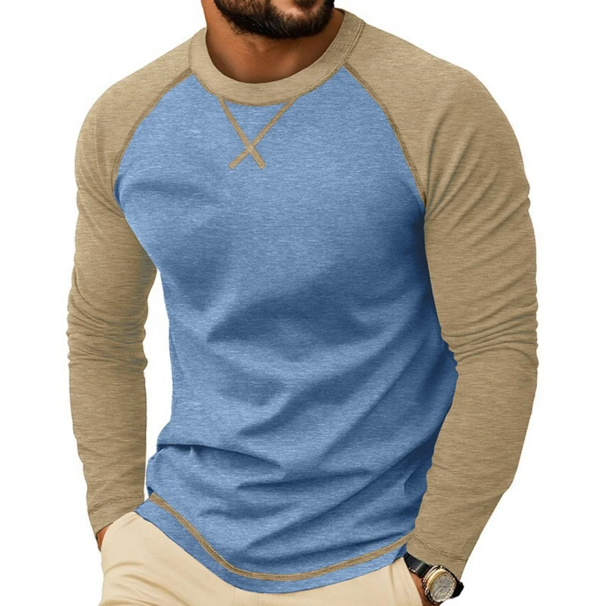 Men's Color Matching Long Sleeve Shoulder-inserted T-shirts Crewneck Streetwear Mens Slim Tshirt 3d Prited T-shirt Camiseta