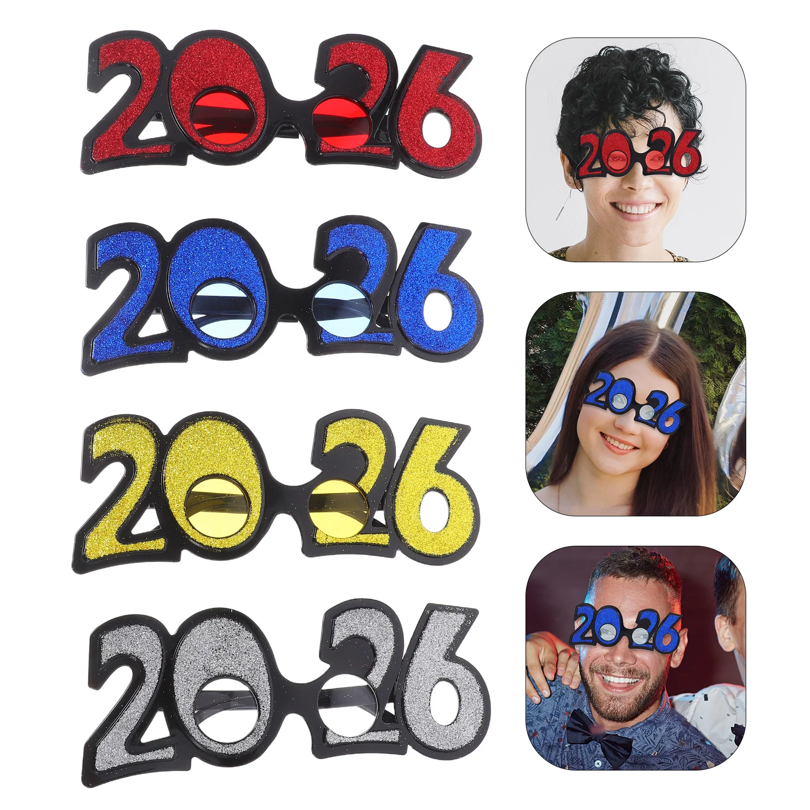

4pcs Party Photo Props Glitter Glasses Happy New Year 2026 Novelty Fancy Birthday Graduation Eve Sunglasses Costume Eyewear For
