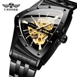 Winner 395S New Male Wrist Mechanical Watches Golden Stainless Steel Waterproof Sport Mens Triangle Skeleton Watch Transparent