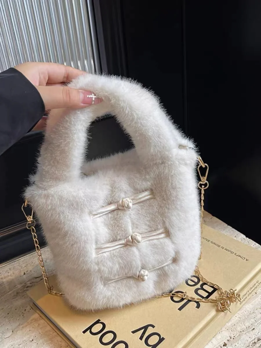 

Fluffy Bag Women's 2024 New Chinese Style Pan Buckle Out Small Handbag Chain Crossbody Bucket Bag