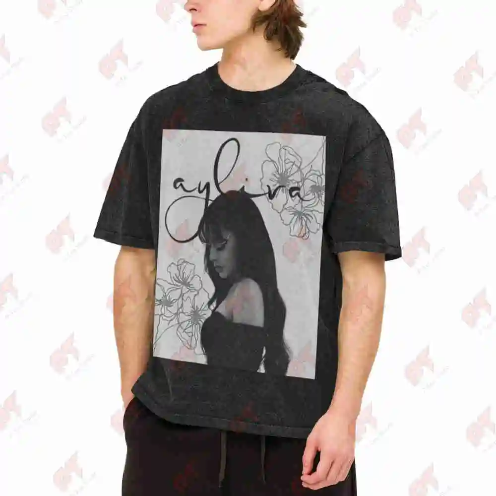 Ayliva Signature Logo Floral Face Vintage Washed Tee Pure Cotton T-Shirt