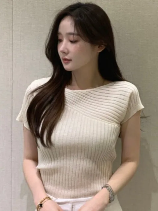 

Slim Fit ort Sve Knitted Top Women's Summer New Sle Vintage Thin Regular Stripe Irregular Pattern Faionable Top