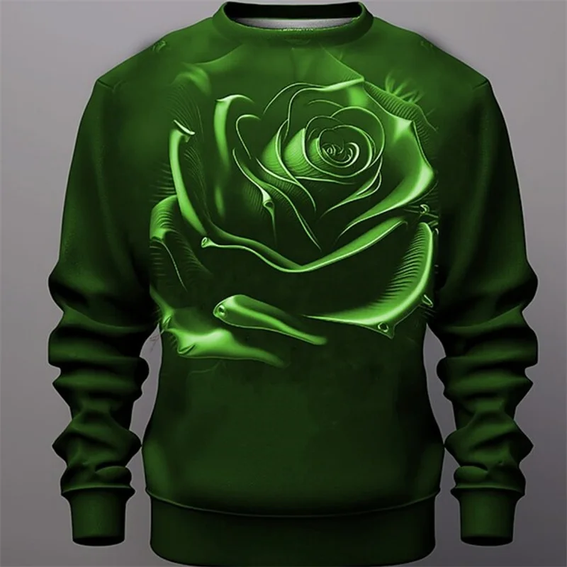 Fashion Rose Pattern Sweatshirt Autumn Trend Long Sleeve Flowers 3D Printed Pullovers Casual Streetwear Oversized Mens Clothing