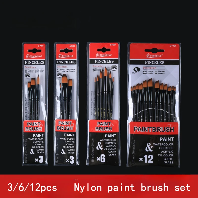 3/6/12pcs Nylon Paint Brush Set Solid Wood Pen Holder Gouache Watercolor Acrylic Oil Painting Graffiti Outline Stroke Coloring